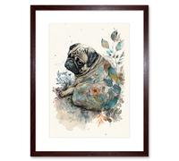 Wall Art Print Pug Dog with Floral Pattern Modern Multicoloured Watercolour Artwork Framed 9X7 Inch Artery8 Brown W7 inch x H9 inch