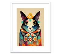 Wall Art Print Quirky Boho Abstract Modern Shaman Guru Cat Artwork Framed 9X7 Inch Artery8 White W7 inch x H9 inch