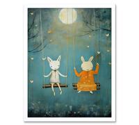Wall Art Print Rabbits on a Swing with Moonlit Butterflies Calming Baby Nursery Artwork Art Framed Artery8 White W12 inch x H16 inch