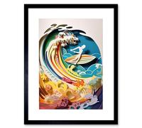 Wall Art Print Rainbow Kirigami Surfer Surfing Coastal Landscape Artwork Framed 9X7 Inch Artery8 Black W7 inch x H9 inch