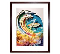 Wall Art Print Rainbow Kirigami Surfer Surfing Coastal Landscape Artwork Framed 9X7 Inch Artery8 Brown W7 inch x H9 inch