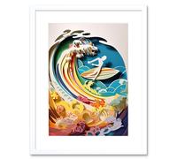 Wall Art Print Rainbow Kirigami Surfer Surfing Coastal Landscape Artwork Framed 9X7 Inch Artery8 White W7 inch x H9 inch
