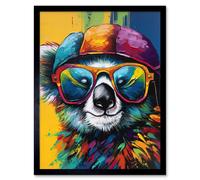 Wall Art Print Rainbow Koala Bear with Sunglasses and Hat Modern Art Framed Artery8 Black W12 inch x H16 inch