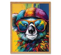 Wall Art Print Rainbow Koala Bear with Sunglasses and Hat Modern Art Framed Artery8 Light Oak W12 inch x H16 inch