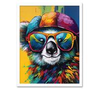 Wall Art Print Rainbow Koala Bear with Sunglasses and Hat Modern Art Framed Artery8 White W12 inch x H16 inch