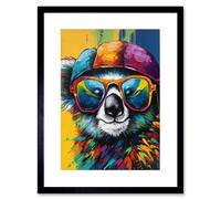 Wall Art Print Rainbow Koala Bear with Sunglasses and Hat Modern Artwork Framed 9X7 Inch Artery8 Black W7 inch x H9 inch