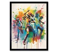 Wall Art Print Rainbow Rhythm Dance Festival of Colour Dancers Dancing to Music Modern Splat Watercolour Painting Art Framed Artery8 Black W12 inch x H16 inch