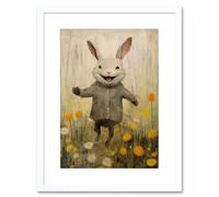 Wall Art Print Raincoat Rabbit Happy Bunny Flower Meadow Kids Girls Bedroom Nursery Artwork Framed 9X7 Inch Artery8 White W7 inch x H9 inch