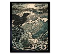 Wall Art Print Raven and Crashing Waves Coastal Sunrise Landscape Art Framed Artery8 Black W12 inch x H16 inch