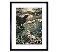Wall Art Print Raven and Crashing Waves Coastal Sunrise Landscape Artwork Framed 9X7 Inch Artery8 Black W7 inch x H9 inch