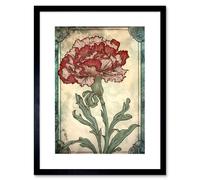 Wall Art Print Red Carnation Flower Bloom Watercolour Art Nouveau Artwork Framed 9X7 Inch Artery8 Black W7 inch x H9 inch
