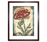 Wall Art Print Red Carnation Flower Bloom Watercolour Art Nouveau Artwork Framed 9X7 Inch Artery8 Brown W7 inch x H9 inch