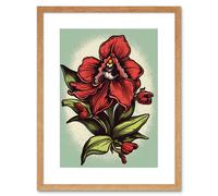 Wall Art Print Red Orchid Flower Old School USA Tattoo Ink Body Rockabilly Americana 50s Artwork Framed 9X7 Inch Artery8 Beige W7 inch x H9 inch