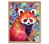 Wall Art Print Red Panda Polygon Pattern Folk Art Framed Artery8 Light Oak W12 inch x H16 inch