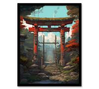 Wall Art Print Red Torii Gate Leading to Shinto Shrine in Forest Painting Steps to Sacred Grounds Temple in Tranquil Landscape Art Framed Artery8 Multi W12 inch x H16 inch