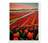 Wall Art Print Red Tulip Fields Of Holland Netherlands Modern Oil Art Framed Artery8 White W12 inch x H16 inch