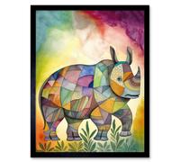 Wall Art Print Rhinoceros Pastel Colour Portrait Folk Art Framed Artery8 Black W12 inch x H16 inch