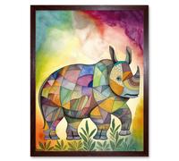 Wall Art Print Rhinoceros Pastel Colour Portrait Folk Art Framed Artery8 Brown W12 inch x H16 inch