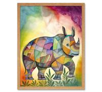 Wall Art Print Rhinoceros Pastel Colour Portrait Folk Art Framed Artery8 Light Oak W12 inch x H16 inch