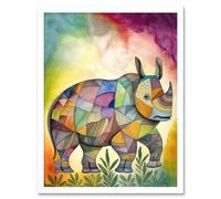 Wall Art Print Rhinoceros Pastel Colour Portrait Folk Art Framed Artery8 White W12 inch x H16 inch