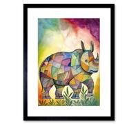 Wall Art Print Rhinoceros Pastel Colour Portrait Folk Artwork Framed 9X7 Inch Artery8 Black W7 inch x H9 inch
