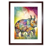 Wall Art Print Rhinoceros Pastel Colour Portrait Folk Artwork Framed 9X7 Inch Artery8 Brown W7 inch x H9 inch