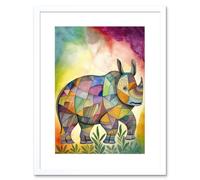 Wall Art Print Rhinoceros Pastel Colour Portrait Folk Artwork Framed 9X7 Inch Artery8 White W7 inch x H9 inch
