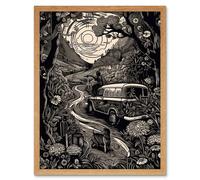 Wall Art Print Road Trip Stop by Countryside Forest Landscape Art Framed Artery8 Light Oak W12 inch x H16 inch