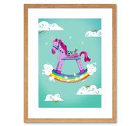 Wall Art Print Rocking Unicorn Rainbow Framed Art Artery8 Beige W7 inch x H9 inch