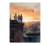 Wall Art Print Rooftop Romance Watercolour Painting Blue Orange Couple Watching City Sunset Bedroom Art Poster Artery8 Orange W24 inch x H32 inch