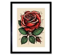 Wall Art Print Rose Bloom Bud Old School USA Tattoo Ink Body Art Rockabilly Americana 50s Artwork Framed 9X7 Inch Artery8 Black W7 inch x H9 inch