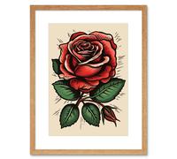 Wall Art Print Rose Bloom Bud Old School USA Tattoo Ink Body Art Rockabilly Americana 50s Artwork Framed 9X7 Inch Artery8 Beige W7 inch x H9 inch