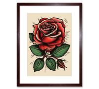 Wall Art Print Rose Bloom Bud Old School USA Tattoo Ink Body Art Rockabilly Americana 50s Artwork Framed 9X7 Inch Artery8 Brown W7 inch x H9 inch