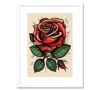 Wall Art Print Rose Bloom Bud Old School USA Tattoo Ink Body Art Rockabilly Americana 50s Artwork Framed 9X7 Inch Artery8 White W7 inch x H9 inch
