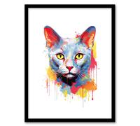 Wall Art Print Russian Blue Cat Lover Gift Pet Portrait Orange Blue Yellow Artwork Painting Art Framed Artery8 Multi W12 inch x H16 inch