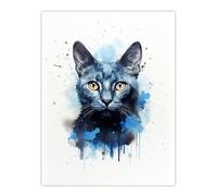 Artery8 Russian Blue Cat Lovers Gift Watercolour Pet Portrait Painting Artwork Extra Large XL Wall Art Poster Print