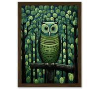 Wall Art Print Sage Green Owl Perched in Geometric Forest Night Dusk Artwork Framed A4 Artery8 Brown A4