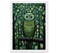 Wall Art Print Sage Green Owl Perched in Geometric Forest Night Dusk Artwork Framed A4 Artery8 White A4