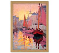 Wall Art Print Sailboats Reflecting in Harbour Water Pink Orange Sunset Oil Painting Anchoring by Promenade Artwork Framed A4 Artery8 Light Oak A4