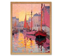 Wall Art Print Sailboats Reflecting in Harbour Water Pink Orange Sunset Oil Painting Anchoring by Promenade Art Framed Artery8 Light Oak W12 inch x H16 inch
