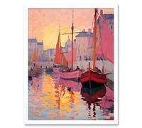 Wall Art Print Sailboats Reflecting in Harbour Water Pink Orange Sunset Oil Painting Anchoring by Promenade Art Framed Artery8 White W12 inch x H16 inch