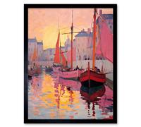 Wall Art Print Sailboats Reflecting in Harbour Water Pink Orange Sunset Oil Painting Anchoring by Promenade Art Framed Artery8 Black W12 inch x H16 inch