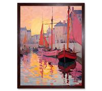 Wall Art Print Sailboats Reflecting in Harbour Water Pink Orange Sunset Oil Painting Anchoring by Promenade Art Framed Artery8 Brown W12 inch x H16 inch