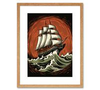 Wall Art Print Sailing Ship in Rough Sea Waves Retro Rockabilly Americana 50s Artwork Framed 9X7 Inch Artery8 Beige W7 inch x H9 inch