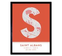 Wall Art Print Saint Albans England United Kingdom City Map Modern Typography Stylish Letter Framed Word Wee Blue Coo Orange W12 inch x H16 inch