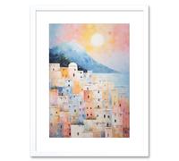 Wall Art Print Santorini Whitewashed Buildings Pastel Colour Oil Painting Orange Pink Blue Sunrise Fira Coastal City Artwork Framed 9X7 Inch Artery8 White W7 inch x H9 inch