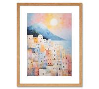 Wall Art Print Santorini Whitewashed Buildings Pastel Colour Oil Painting Orange Pink Blue Sunrise Fira Coastal City Artwork Framed 9X7 Inch Artery8 Beige W7 inch x H9 inch