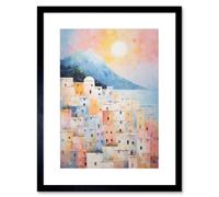Wall Art Print Santorini Whitewashed Buildings Pastel Colour Oil Painting Orange Pink Blue Sunrise Fira Coastal City Artwork Framed 9X7 Inch Artery8 Black W7 inch x H9 inch