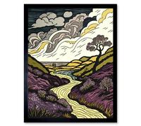 Wall Art Print Scottish Countryside Path with Purple Heather Art Framed Artery8 Black W12 inch x H16 inch