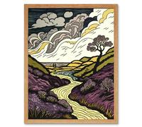 Wall Art Print Scottish Countryside Path with Purple Heather Art Framed Artery8 Light Oak W12 inch x H16 inch